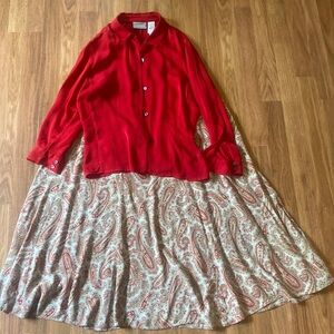 100% silk skirt/shirt combo. Liz Claiborne shirt skirt designer unknown.